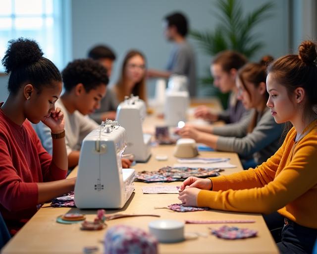 Eine Gruppe von Personen in einem Nähworkshop, die konzentriert an ihren Projekten arbeiten.